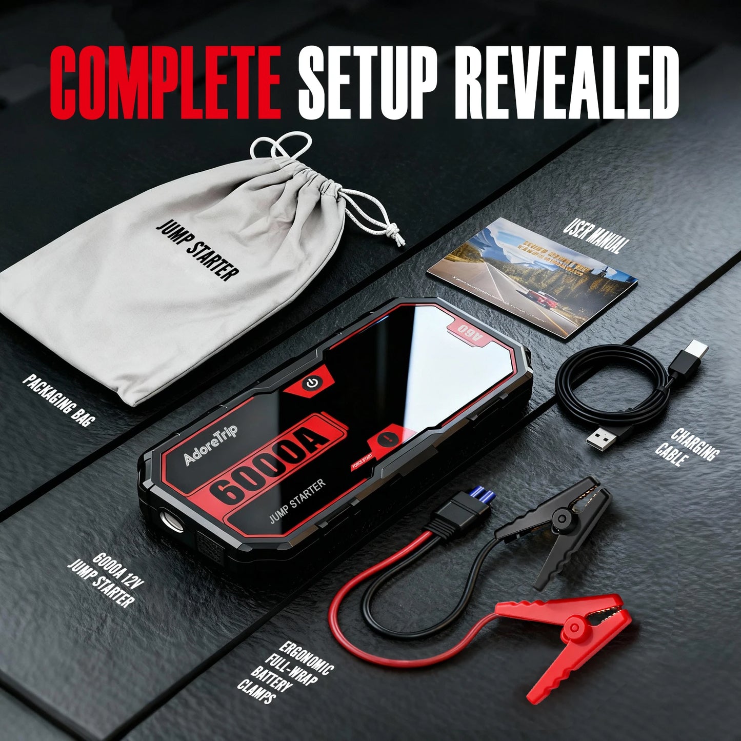 AdoreTrip Car 6000A Portable 12V Jump Starter Power Bank 12V Auto Battery Charger Booster Starting Device With Led Light