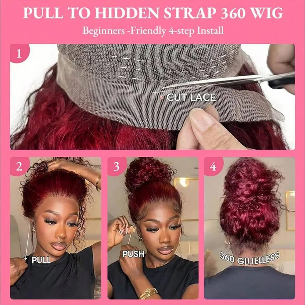 250% Density 99J 13x4 HD Lace Front Human Hair Wigs Burgundy 34Inch Deep Wave Peruvian Curly Glueless Lace Frontal Closure Wigs