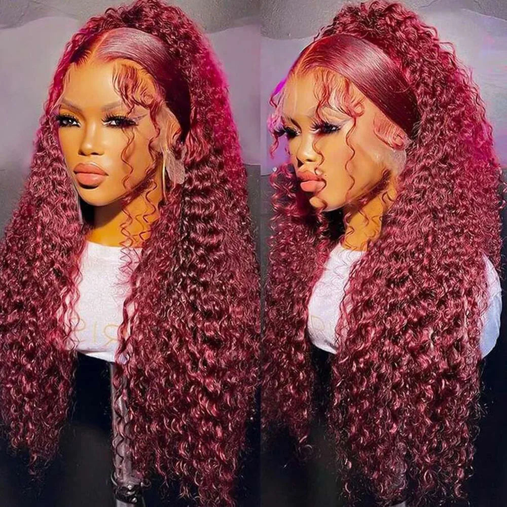 250% Density 99J 13x4 HD Lace Front Human Hair Wigs Burgundy 34Inch Deep Wave Peruvian Curly Glueless Lace Frontal Closure Wigs