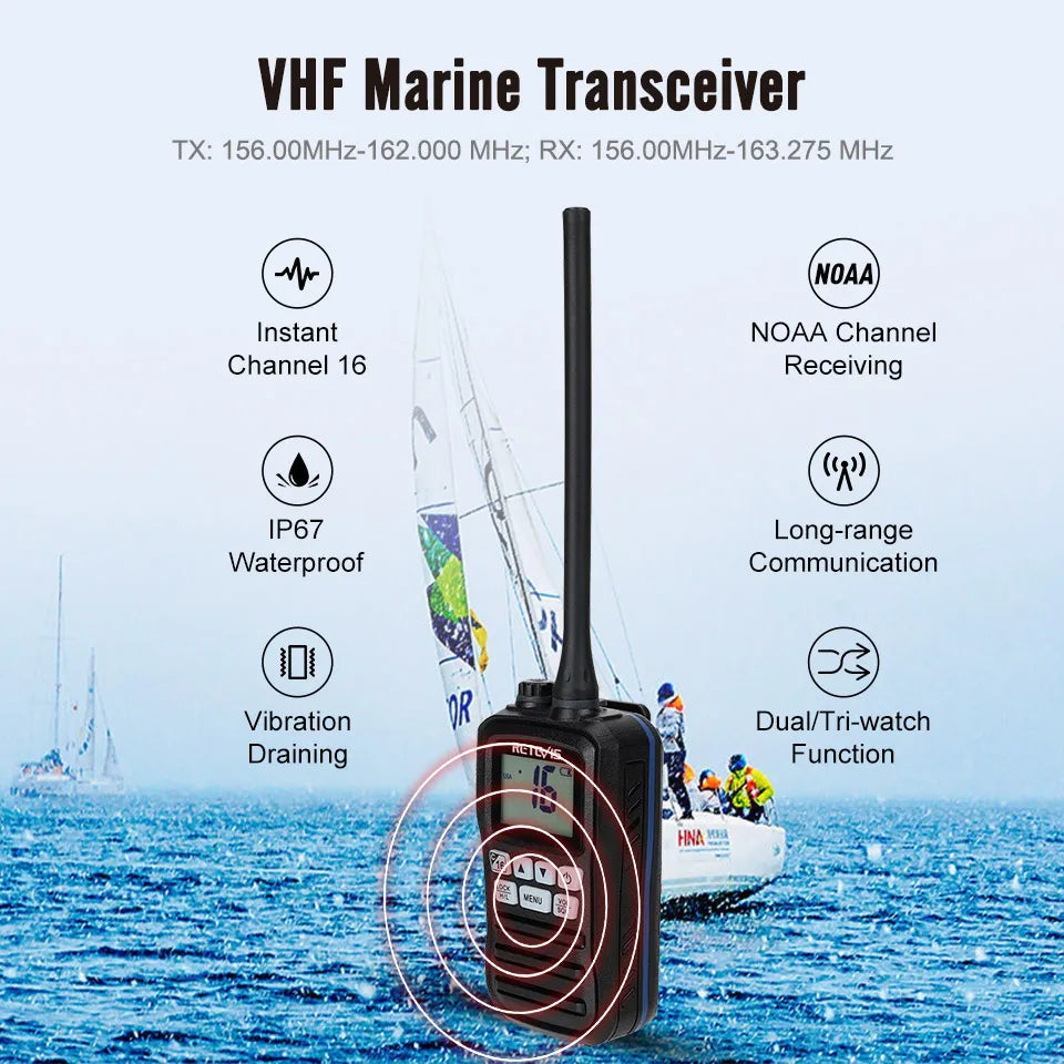 Retevis RM01 VHF Marine Radio Transceiver IP67 Waterproof Handheld Walkie Talkie Float Vessel Talk Two Way Radio for Boat NOAA