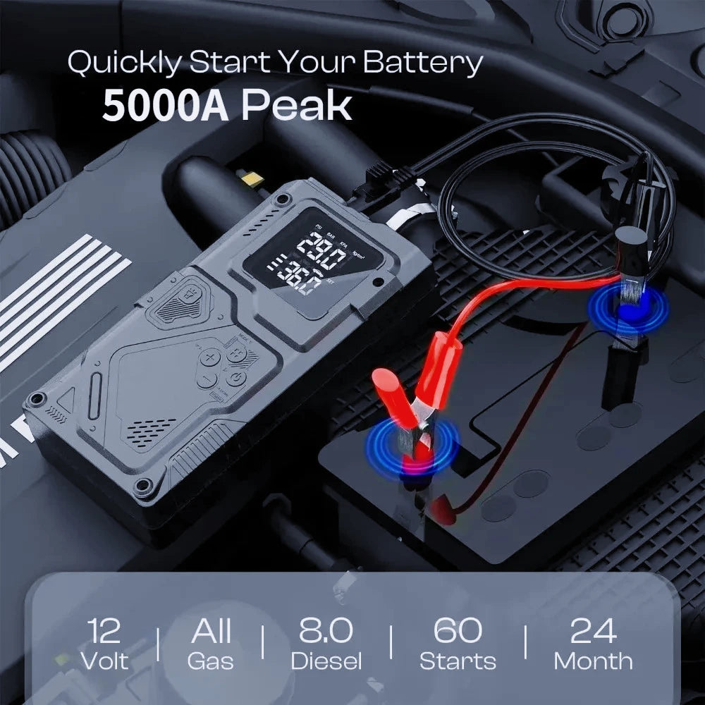 YINGBOOST Car Jump Starter with Air Pump Peak 5000A Booster &150PSI Tire Inflator with DC Power Cord Power Bank 400LM LED Light