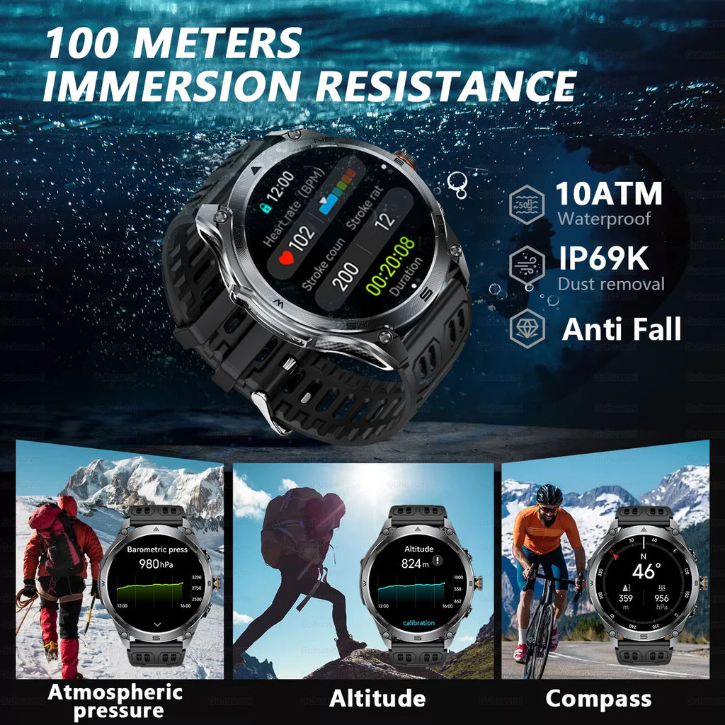 2026 New Military Smart Watch 1000Mah Battery GPS trace Compass 10ATM Waterproof Tactics Sport Flashlight call Smart Watch Men