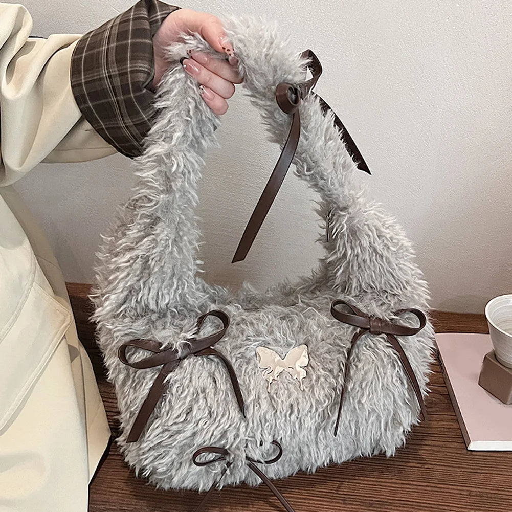 Women Plush Underarm Bag Bow Handbag with Zipper Fluffy Purse with Interior Pocket Hobo Bag Work Travel Bag