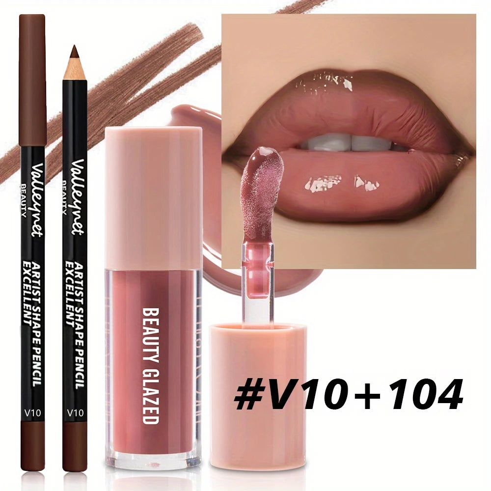 2pcs/set Velvet Texture Lip Makeup Set - Lip Liner - Lip Glaze - Waterproof Long-lasting Matte Effect, Red, Brown, Create Moistu