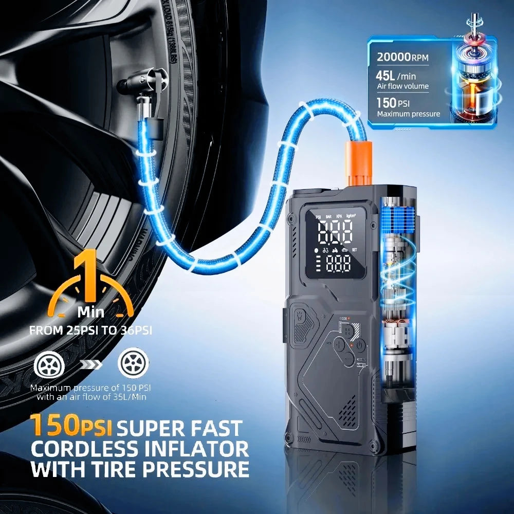 YINGBOOST Car Jump Starter with Air Pump Peak 5000A Booster &150PSI Tire Inflator with DC Power Cord Power Bank 400LM LED Light