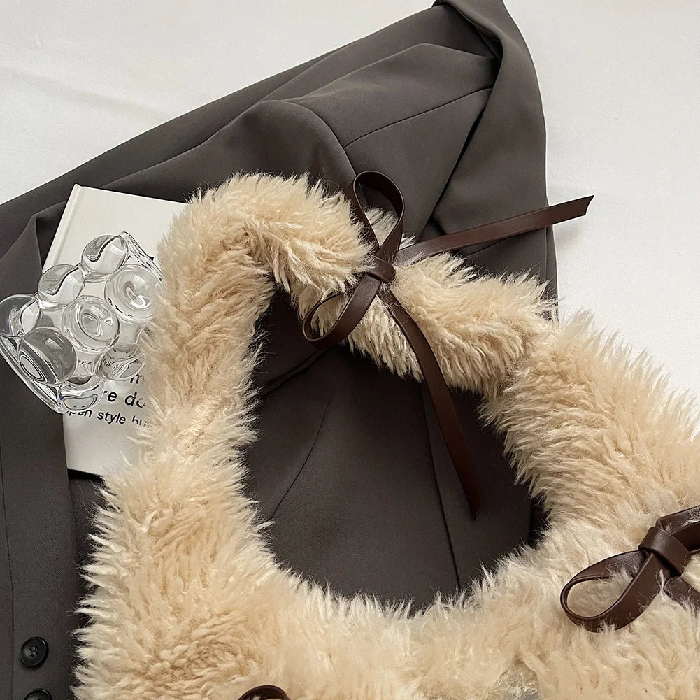 Women Plush Underarm Bag Bow Handbag with Zipper Fluffy Purse with Interior Pocket Hobo Bag Work Travel Bag