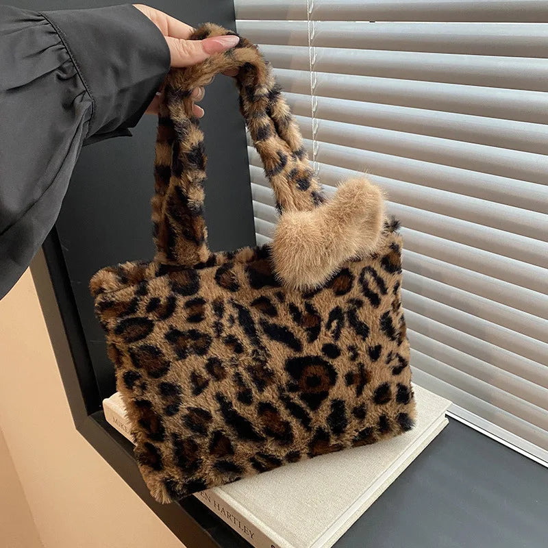 Leopard print plush Handbag Soft Fluffy Tote Bag, Stylish Shoulder Bags for Women Daily Use Friends Festivals Parties Gift