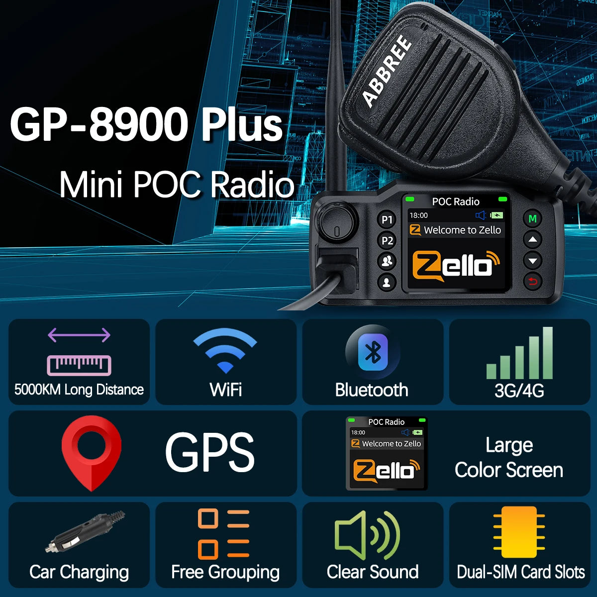 ABBREE GP-8900 Plus Network Car Walkie Talkie Zello Global POC Radio GPS 3/4G Unlimited Distance Dual SIM Card Android Bluetooth