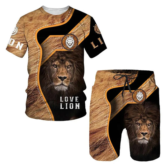 Man Summer Sportswear Set Clothes T-Shirt Shorts Jogging Sports Sets Trend Lion Tiger Printing Tracksuits Male Activewear Suit