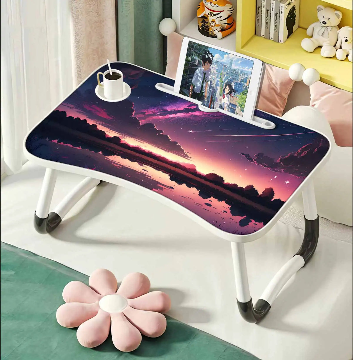 Extra-large multifunctional folding desk, portable multi-color wooden laptop bed desk with cup holder, suitable for work, readin