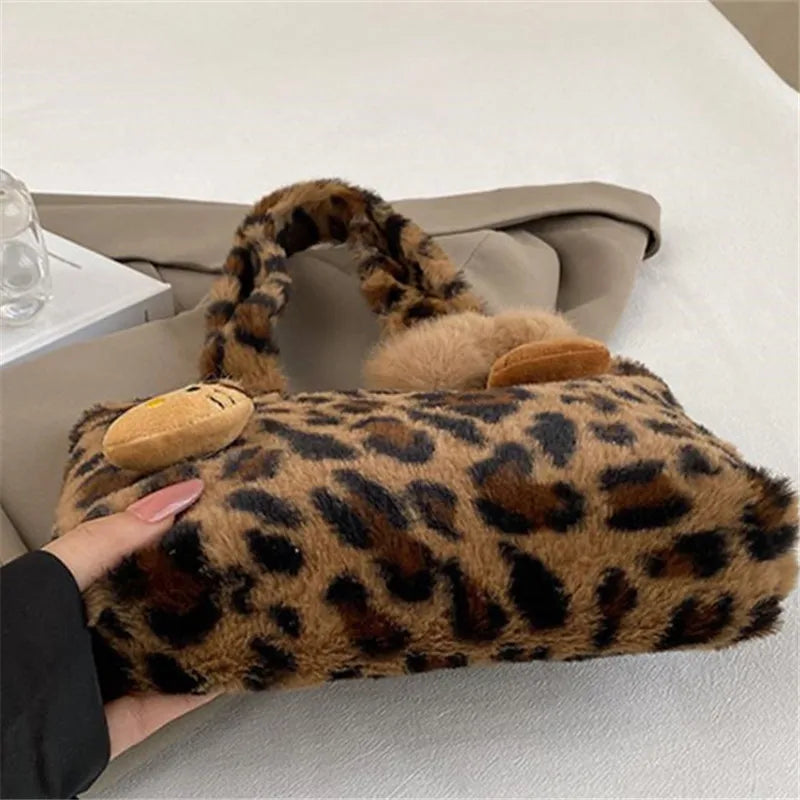 Leopard print plush Handbag Soft Fluffy Tote Bag, Stylish Shoulder Bags for Women Daily Use Friends Festivals Parties Gift