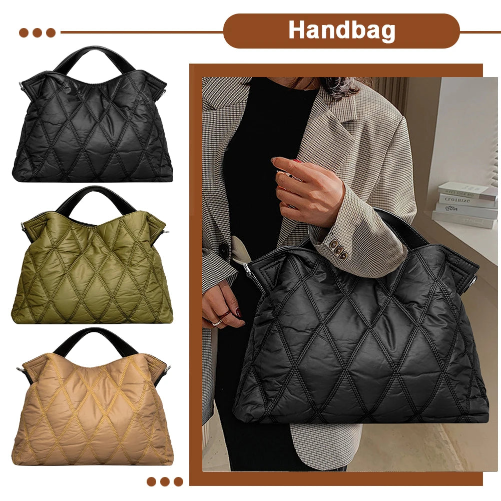 Rhombic Lattice Shoulder Bag Elegant Autumn Winter Female Tote Bags Simple Fashion Soft Warm Nylon Portable for Party Shopping