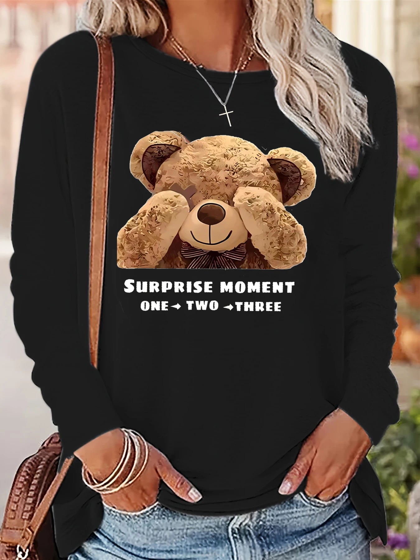 Women's Spring and Autumn 100% Cotton Fashion Casual Loose Leopard Pattern Heart Pattern Printed Round Neck Long Sleeve T-shirt