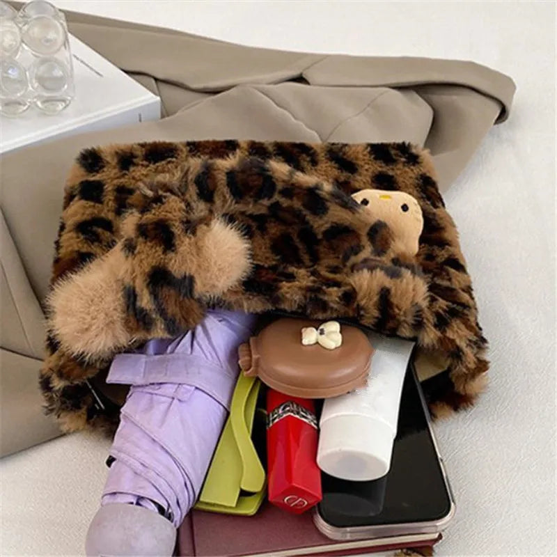 Leopard print plush Handbag Soft Fluffy Tote Bag, Stylish Shoulder Bags for Women Daily Use Friends Festivals Parties Gift