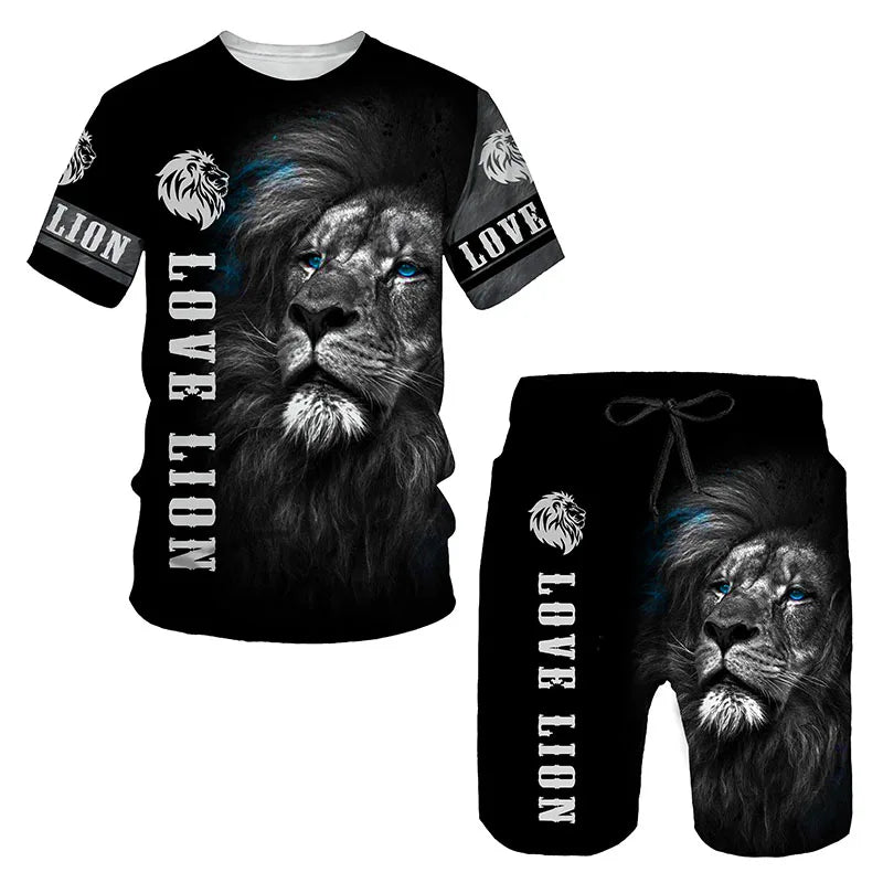 Man Summer Sportswear Set Clothes T-Shirt Shorts Jogging Sports Sets Trend Lion Tiger Printing Tracksuits Male Activewear Suit