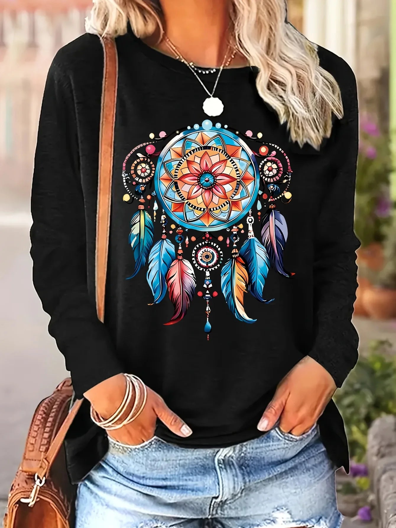 Women's Spring and Autumn 100% Cotton Fashion Casual Loose Leopard Pattern Heart Pattern Printed Round Neck Long Sleeve T-shirt