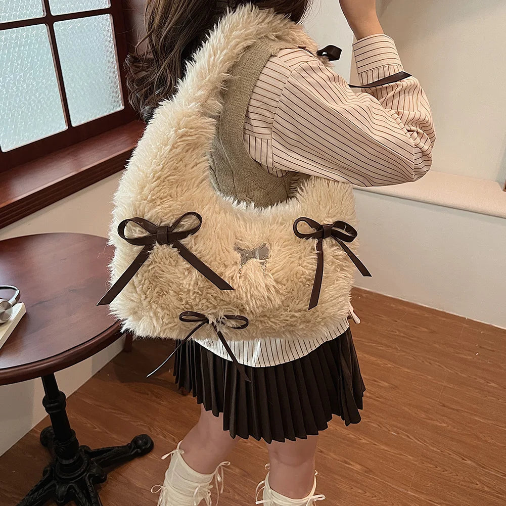 Women Plush Underarm Bag Bow Handbag with Zipper Fluffy Purse with Interior Pocket Hobo Bag Work Travel Bag