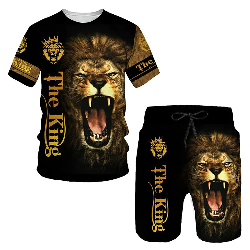 Man Summer Sportswear Set Clothes T-Shirt Shorts Jogging Sports Sets Trend Lion Tiger Printing Tracksuits Male Activewear Suit