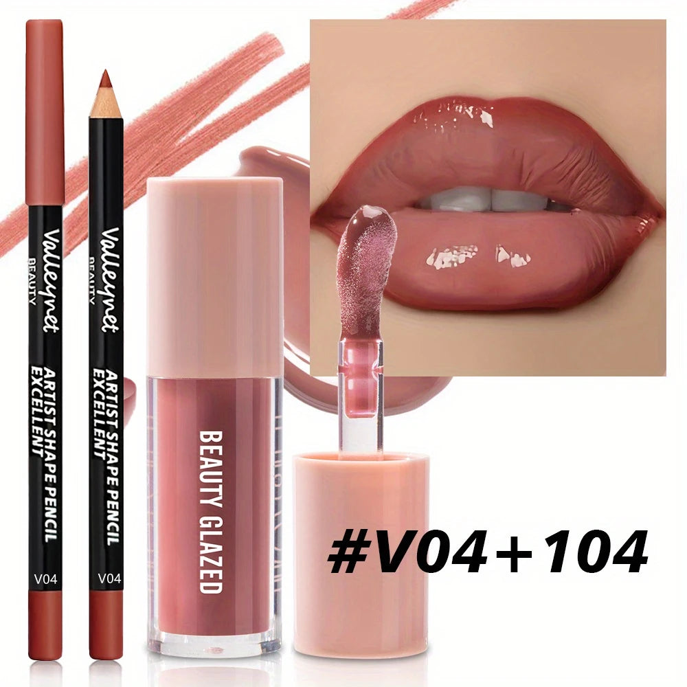 2pcs/set Velvet Texture Lip Makeup Set - Lip Liner - Lip Glaze - Waterproof Long-lasting Matte Effect, Red, Brown, Create Moistu
