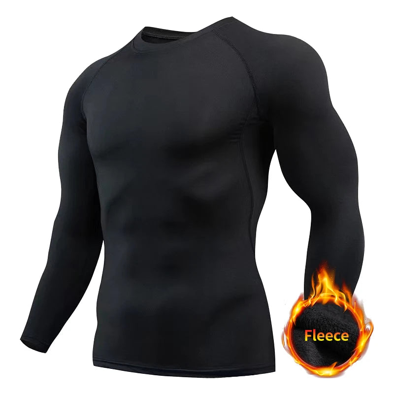 Winter Compression Running Sets Men Long Sleeve Shirt Basketball Fitness Gym Clothing Male Workout Muscle Top Tracksuit Fleece