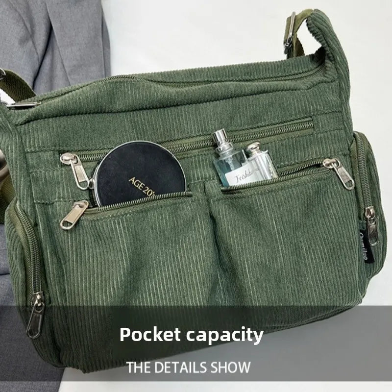 Women Corduroy Crossbody Bag Large Capacity Multi Pocket Fashion Tote Shoulder Bag Satchel Casual Handbag