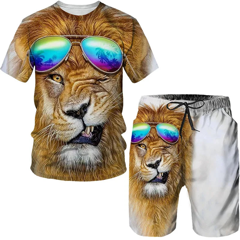 Man Summer Sportswear Set Clothes T-Shirt Shorts Jogging Sports Sets Trend Lion Tiger Printing Tracksuits Male Activewear Suit