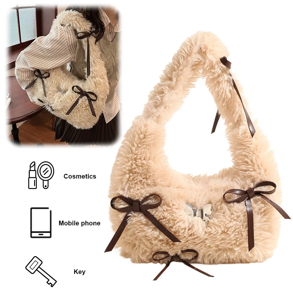 Women Plush Underarm Bag Bow Handbag with Zipper Fluffy Purse with Interior Pocket Hobo Bag Work Travel Bag