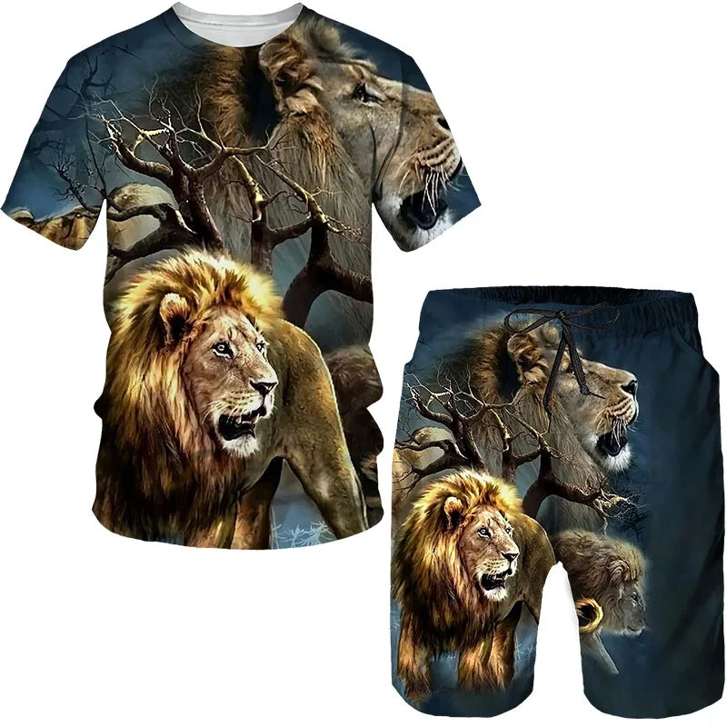 Man Summer Sportswear Set Clothes T-Shirt Shorts Jogging Sports Sets Trend Lion Tiger Printing Tracksuits Male Activewear Suit