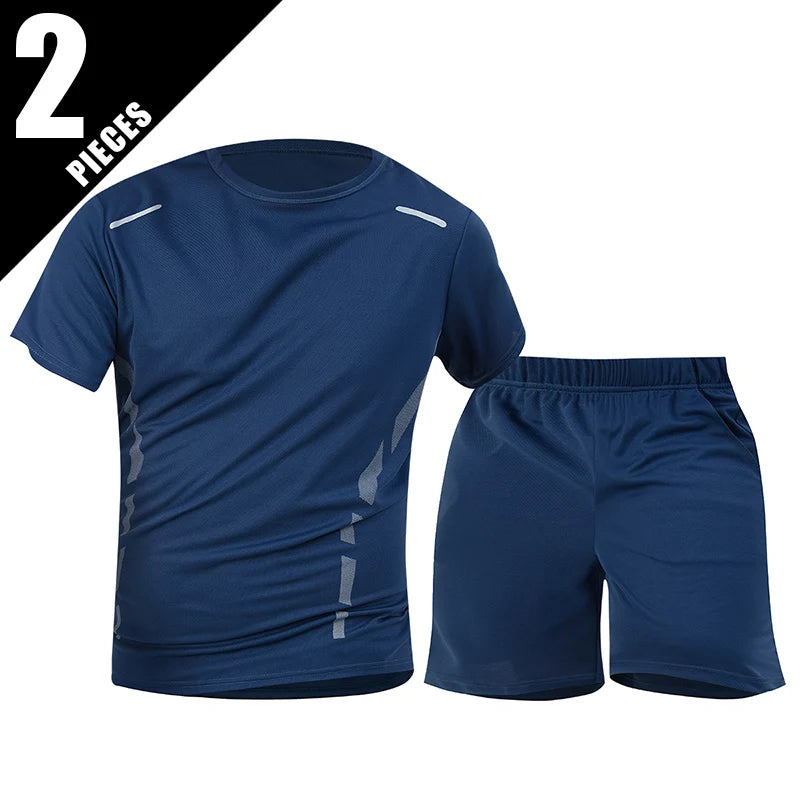 2-Piece Men's Summer Quick drying Sports Suit Loose And Breathable Short Sleeved T-shirt Running And Fitness Black Pocket Shorts