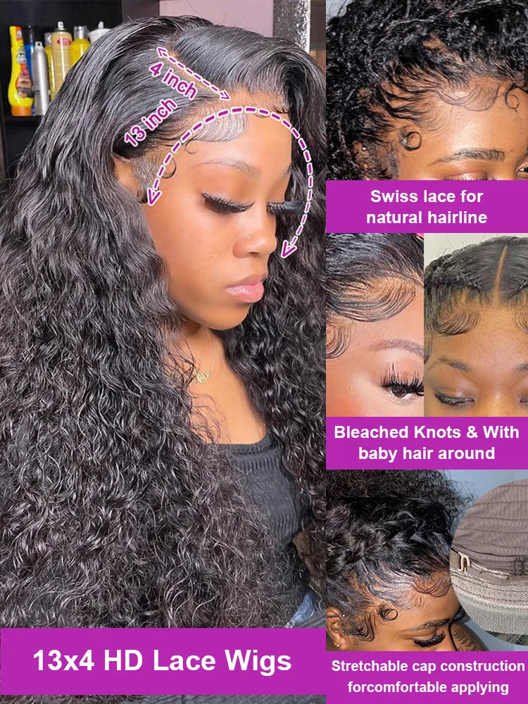 Transparent 250% Density Water Culry 360 Full Lace Frontal Wig Human Hair 40Inch Deep Wave 13x4 13x6 Hd Lace Front Wig For Women