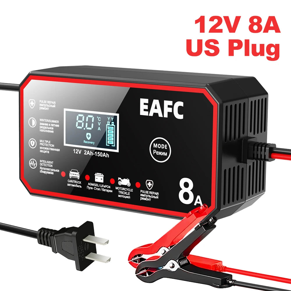 12V 8A/6A Fully Automatic Car Battery Charger Smart Battery Charger for Lead Acid Battery AGM GEL WET LiFePO4 Car Motorcycle