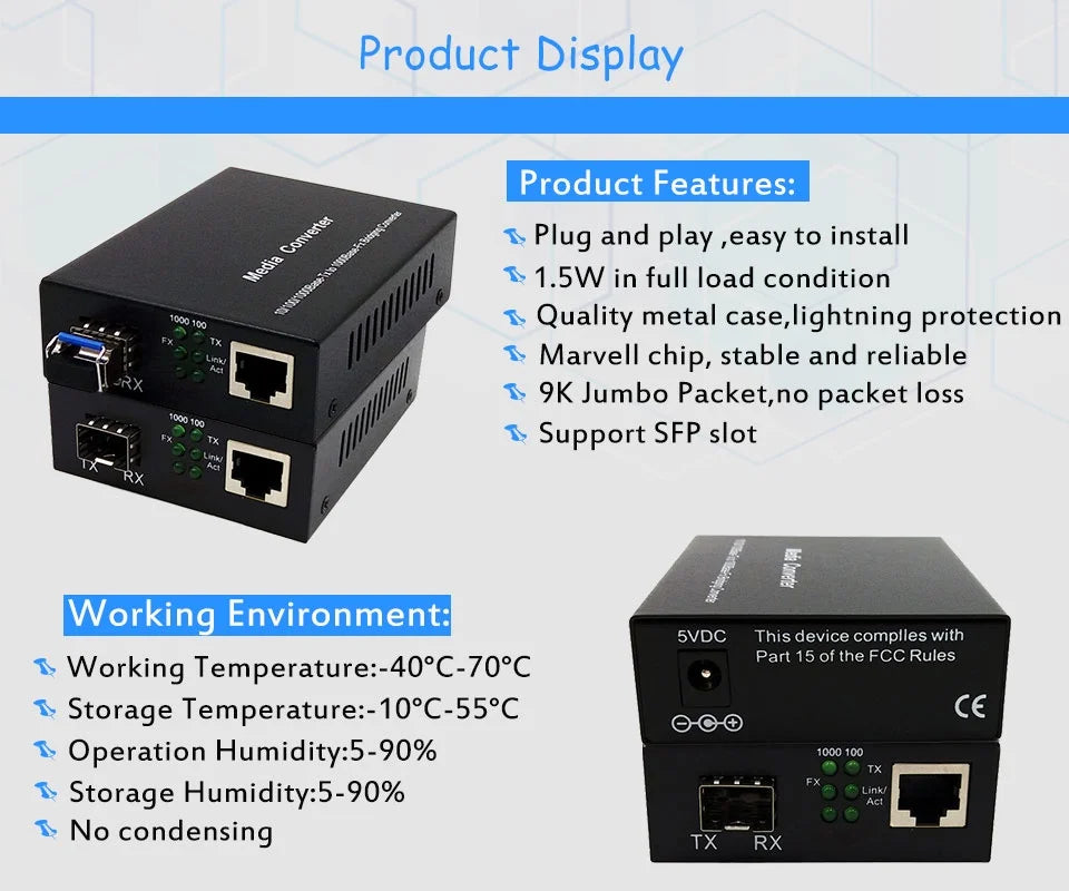 Gigabit SFP LC Multimode Module Fiber to RJ45 Ethernet Media Converter Fiber Optic Transceiver with 1.25G SFP LC Module
