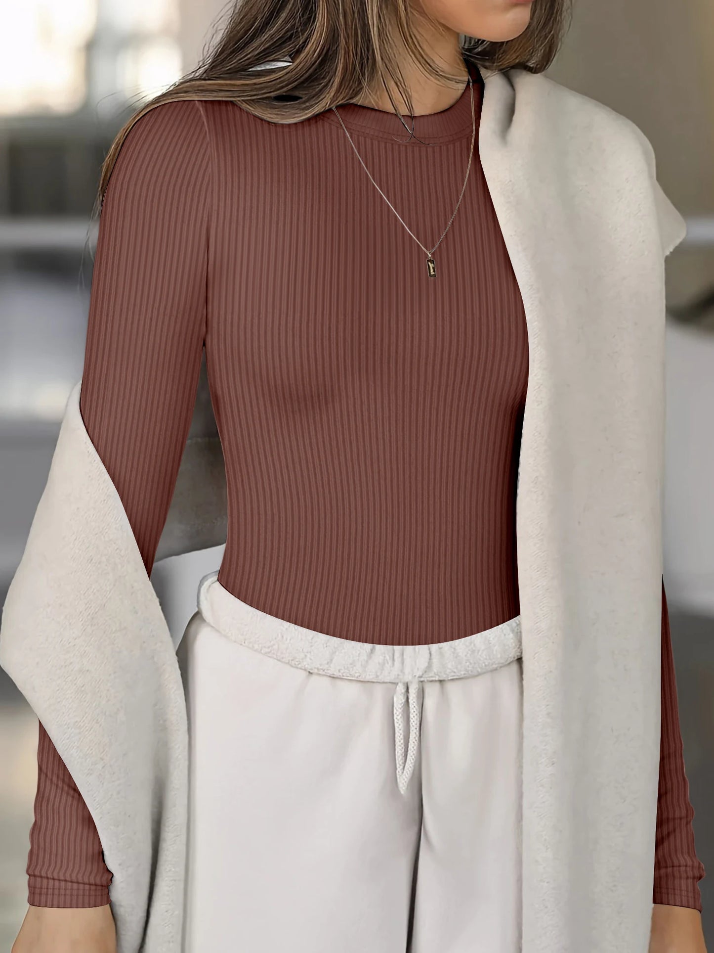 Figure Flattering Ribbed Crew Neck Top Women's Long Sleeve Slim Fit T-shirt Hide Belly & Slim Arms Soft Stretchy Basic Tee
