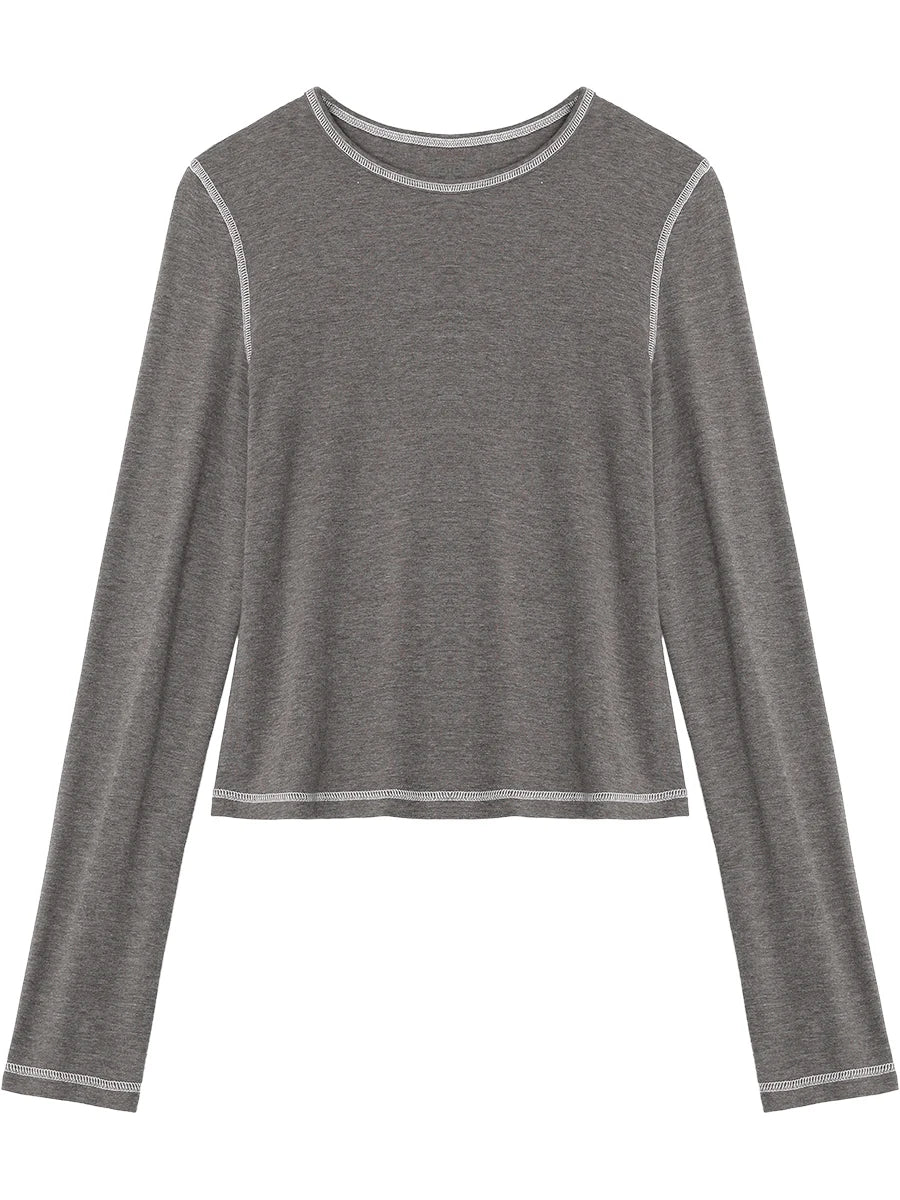 CHIC VEN New Women T-Shirts Retro Slim Contrasting Color Lines Base Tees Long Sleeve Slim Female Top Spring Autumn 2025