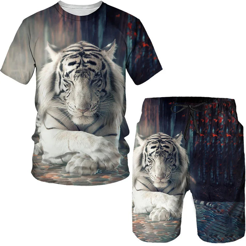Man Summer Sportswear Set Clothes T-Shirt Shorts Jogging Sports Sets Trend Lion Tiger Printing Tracksuits Male Activewear Suit