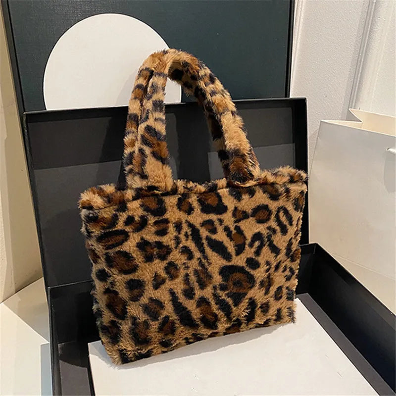 Leopard print plush Handbag Soft Fluffy Tote Bag, Stylish Shoulder Bags for Women Daily Use Friends Festivals Parties Gift