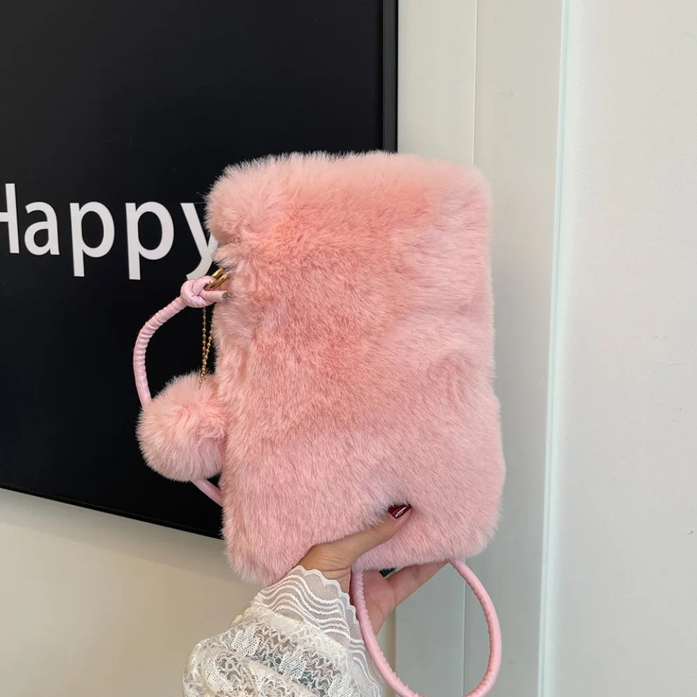 Winter  Shoulder Bag Faux Fur Soft Crossbody Phone Bag Solid Color Large Capacity Travel Purse