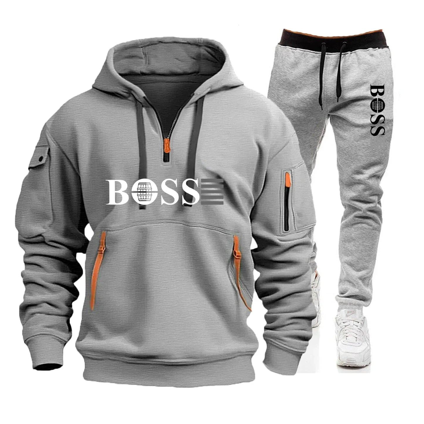 Men's Autumn and Winter New Pullovers Hoodie and Pants 2-piece Set, Outdoor Jogging Windproof Zipper Warm Men's Sportswear