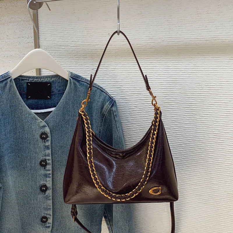 Spacious Simple Stylish Chain Single Shoulder Underarm Bag Fall Winter New Style Vintage Unique Slant Bag for Work