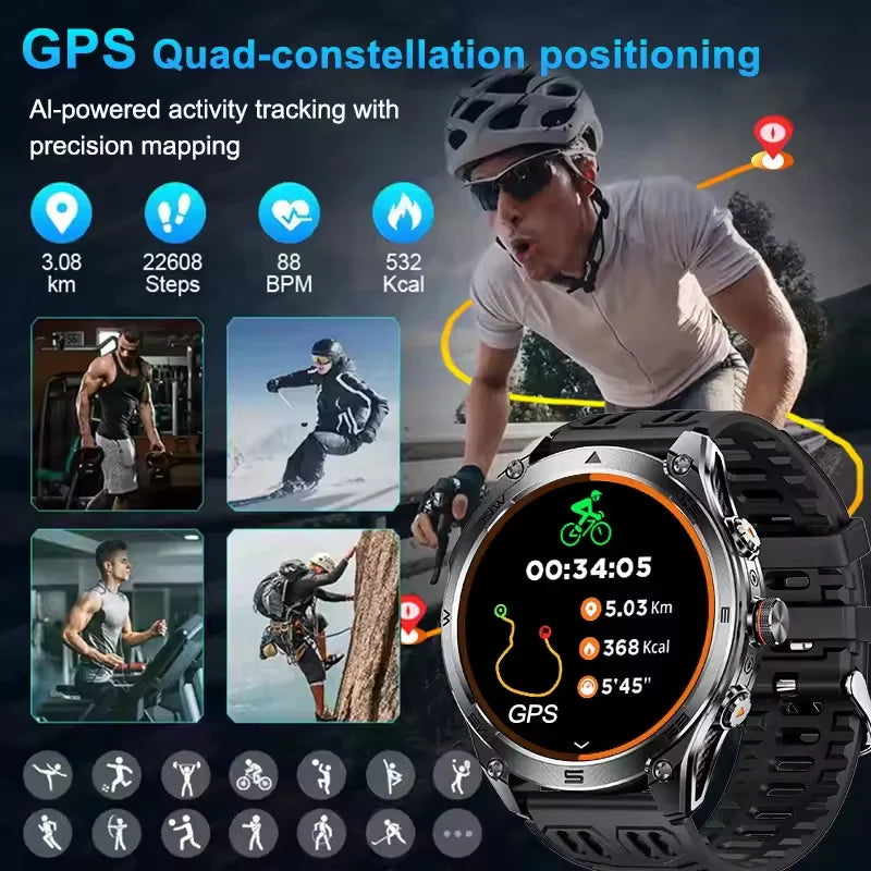 2026 New Military Smart Watch 1000Mah Battery GPS trace Compass 10ATM Waterproof Tactics Sport Flashlight call Smart Watch Men