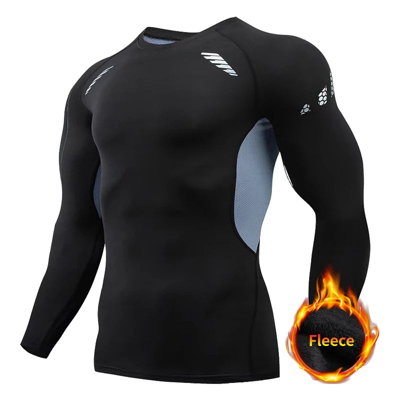 Winter Compression Running Sets Men Long Sleeve Shirt Basketball Fitness Gym Clothing Male Workout Muscle Top Tracksuit Fleece