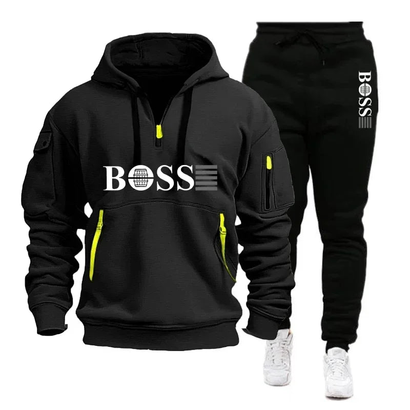 Men's Autumn and Winter New Pullovers Hoodie and Pants 2-piece Set, Outdoor Jogging Windproof Zipper Warm Men's Sportswear