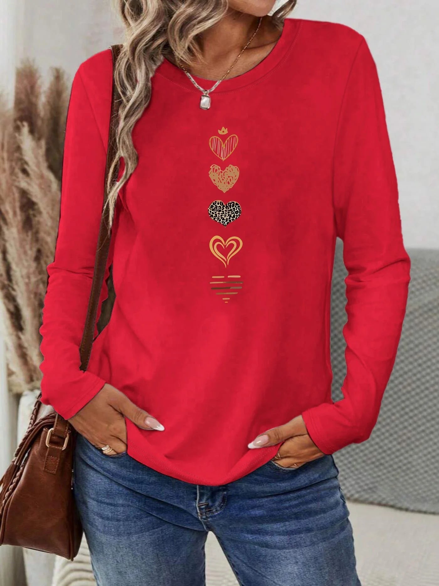 Women's Spring and Autumn 100% Cotton Fashion Casual Loose Leopard Pattern Heart Pattern Printed Round Neck Long Sleeve T-shirt
