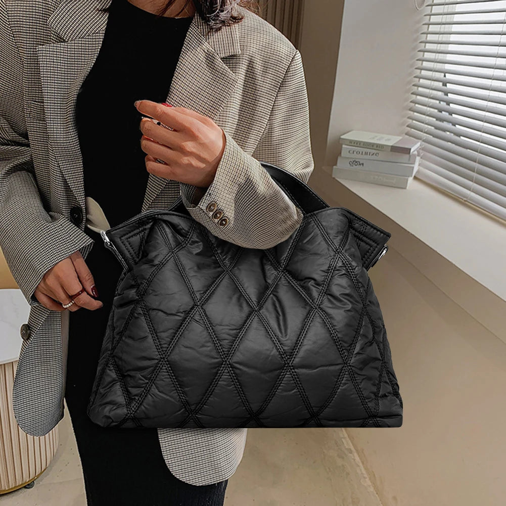 Rhombic Lattice Shoulder Bag Elegant Autumn Winter Female Tote Bags Simple Fashion Soft Warm Nylon Portable for Party Shopping