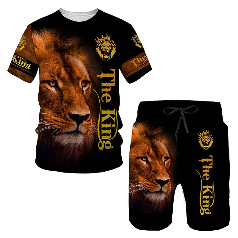 Man Summer Sportswear Set Clothes T-Shirt Shorts Jogging Sports Sets Trend Lion Tiger Printing Tracksuits Male Activewear Suit