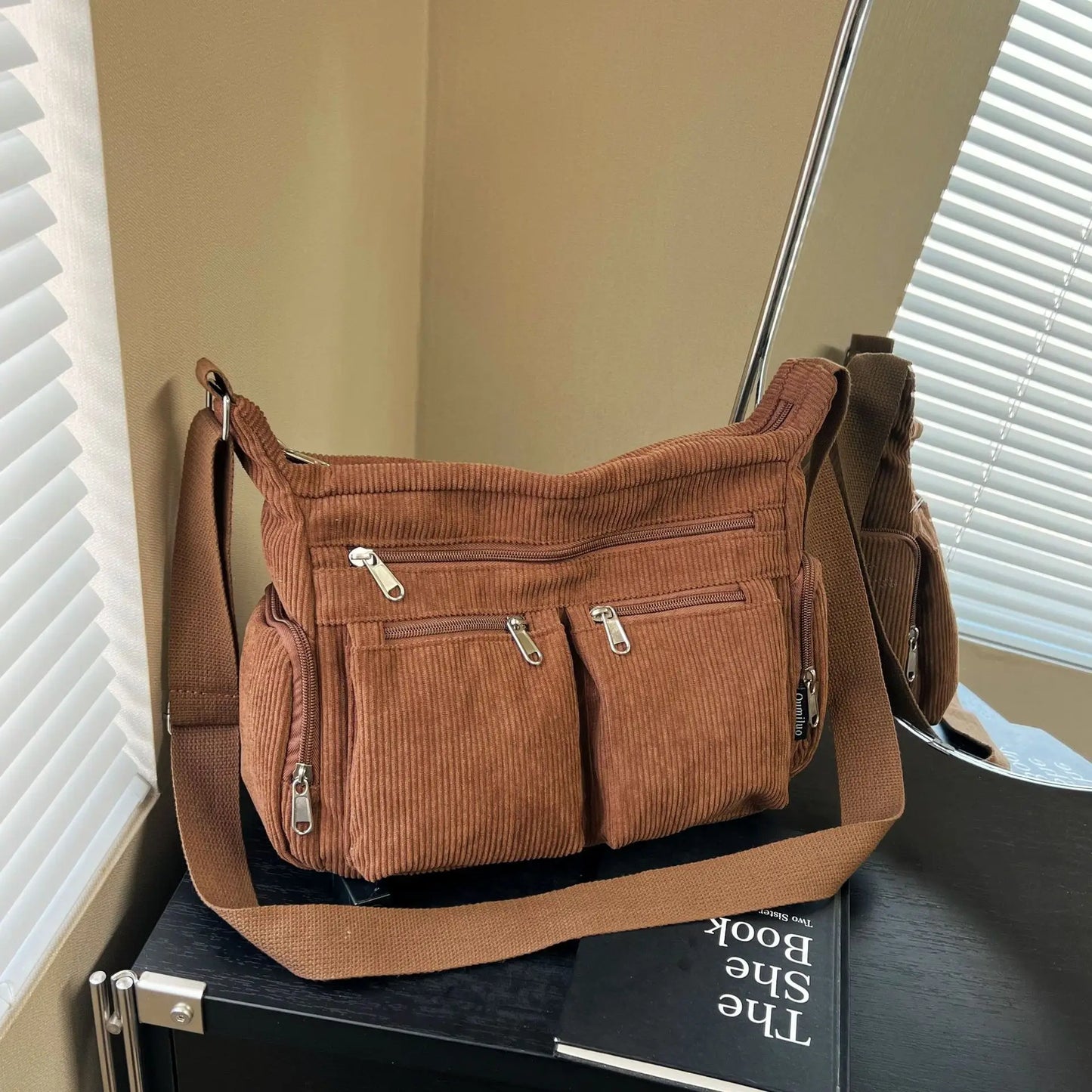 Women Corduroy Crossbody Bag Large Capacity Multi Pocket Fashion Tote Shoulder Bag Satchel Casual Handbag