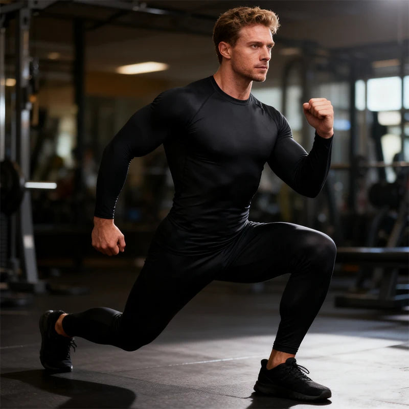 Winter Compression Running Sets Men Long Sleeve Shirt Basketball Fitness Gym Clothing Male Workout Muscle Top Tracksuit Fleece