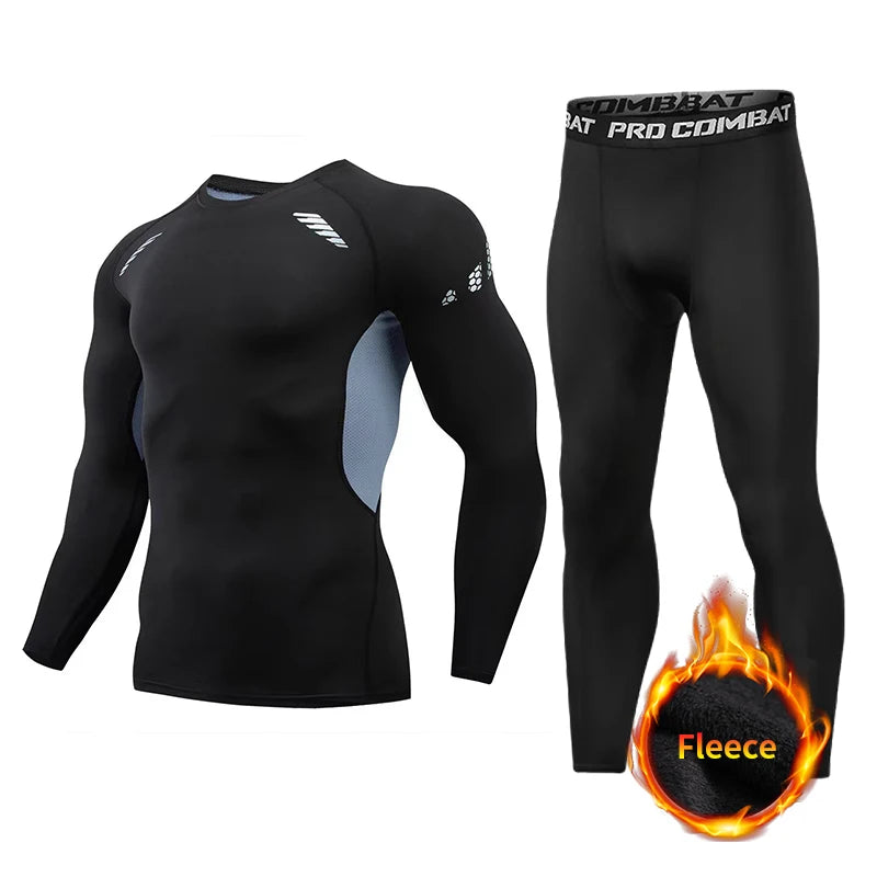 Winter Compression Running Sets Men Long Sleeve Shirt Basketball Fitness Gym Clothing Male Workout Muscle Top Tracksuit Fleece