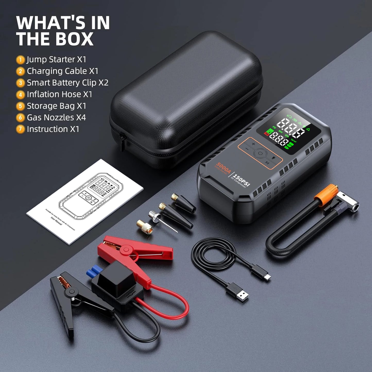 5000A 150PSI Car Jump Starter with Air Compressor Auto Tire Inflator, Large LCD Display, LED Light, for Cars, Bike & Motorcycle
