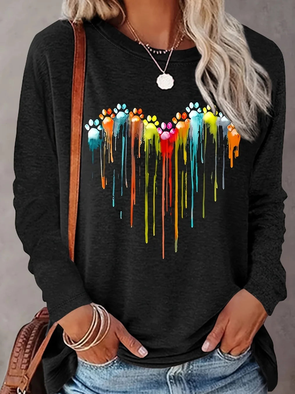 Women's Spring and Autumn 100% Cotton Fashion Casual Loose Leopard Pattern Heart Pattern Printed Round Neck Long Sleeve T-shirt